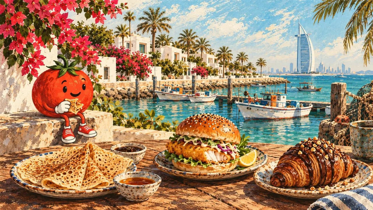 رسم توضيحي · جميرا: جباب وبرغر سمك وكرواسون شوكولاتة