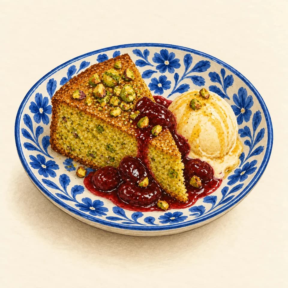 Illustration: Pistachio cake with cherry and honey ice cream