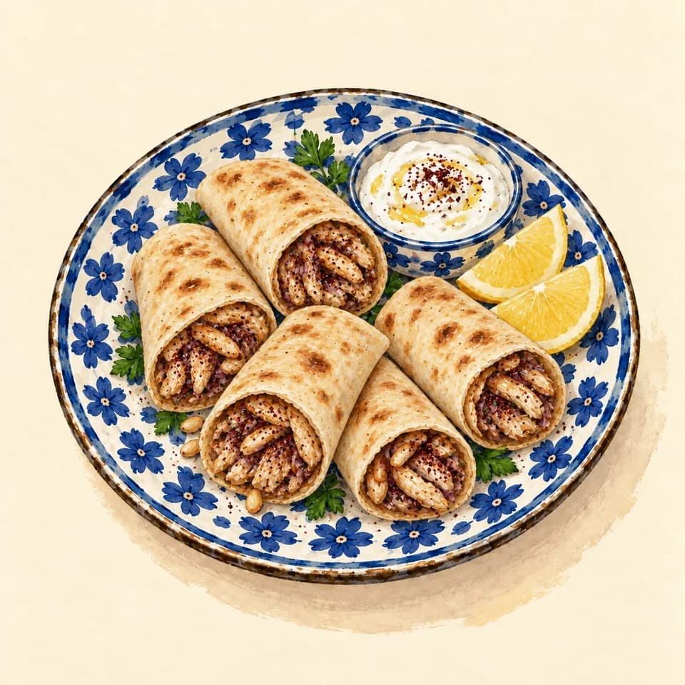 Editorial illustration of Palestinian musakhan chicken rolls, five pieces