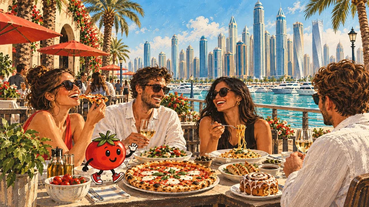 رسم توضيحي · مارينا مول: بيتزا وغيوزا ولفافة قرفة