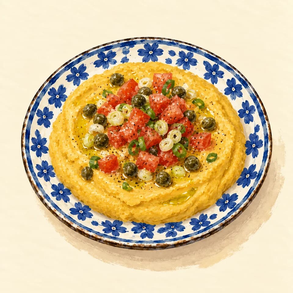 Editorial illustration of Fava split-pea purée
