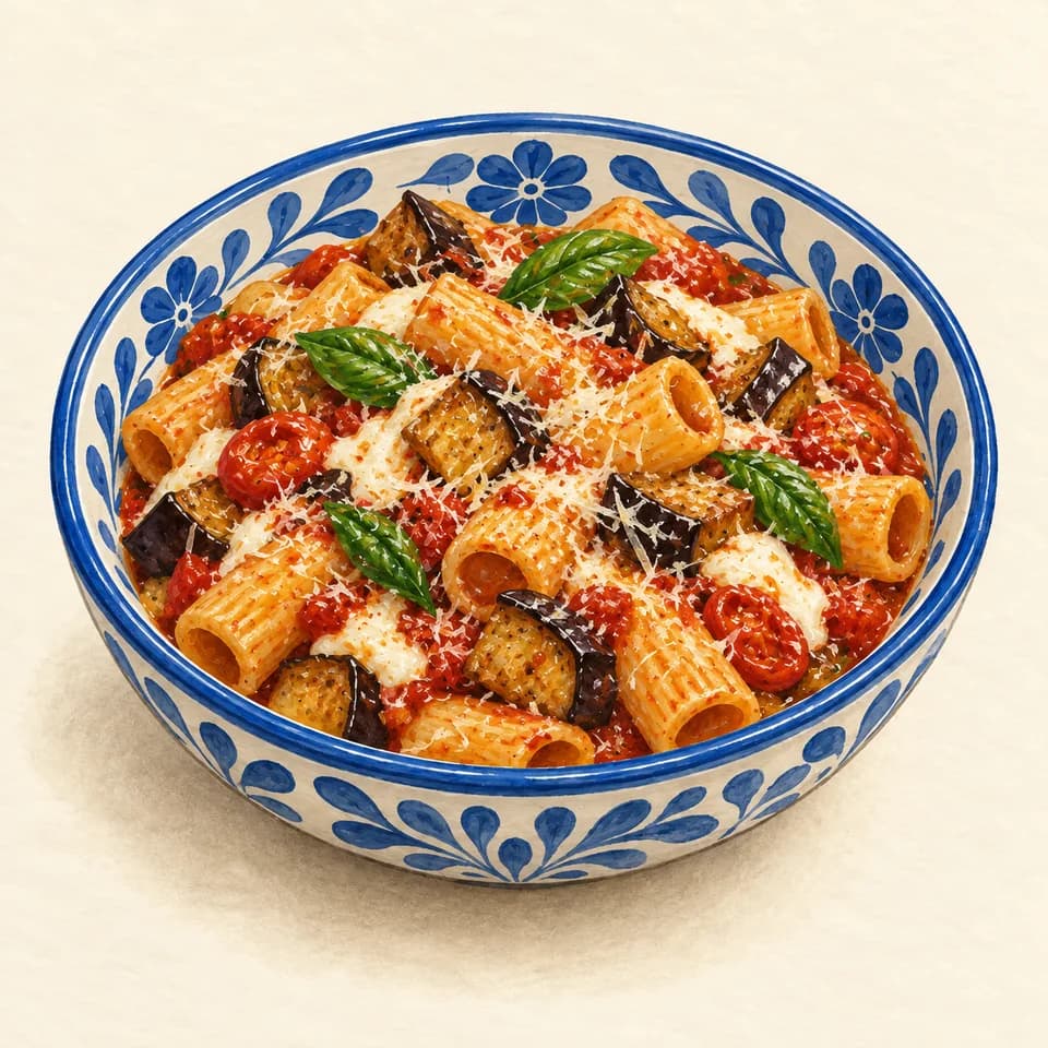 Editorial illustration of Rigatoni alla Norma
