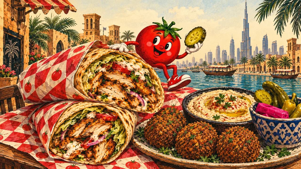 رسم توضيحي · شاورما من مطعمين وبيتا فلافل عبر دبي