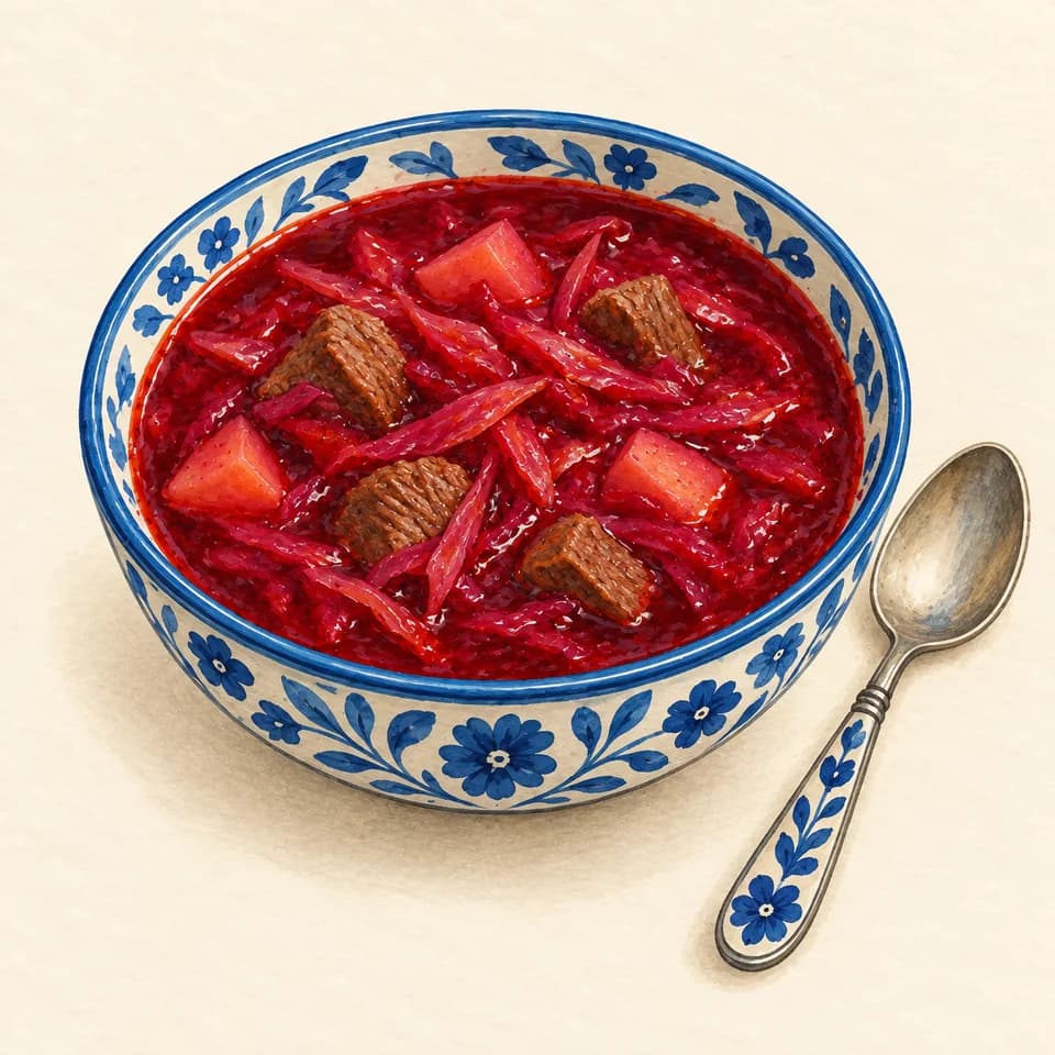 Editorial illustration of Beef borscht