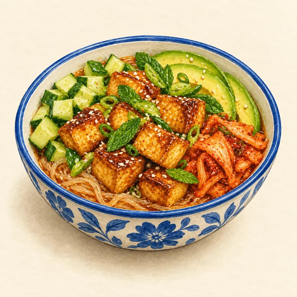 Editorial illustration of Korean tofu bowl