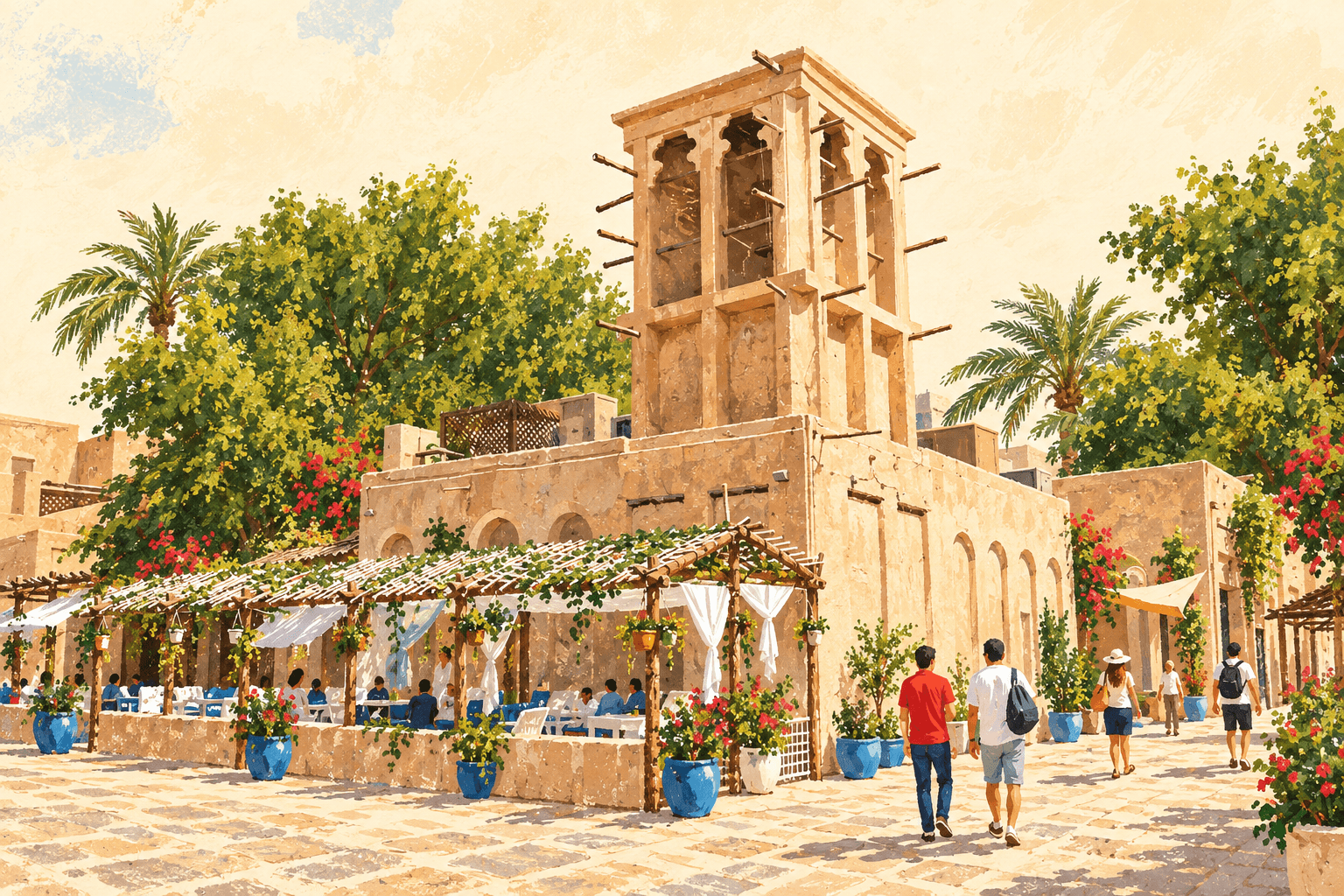 Illustration: Wind tower and courtyard in Al Fahidi Historical Neighbourhood