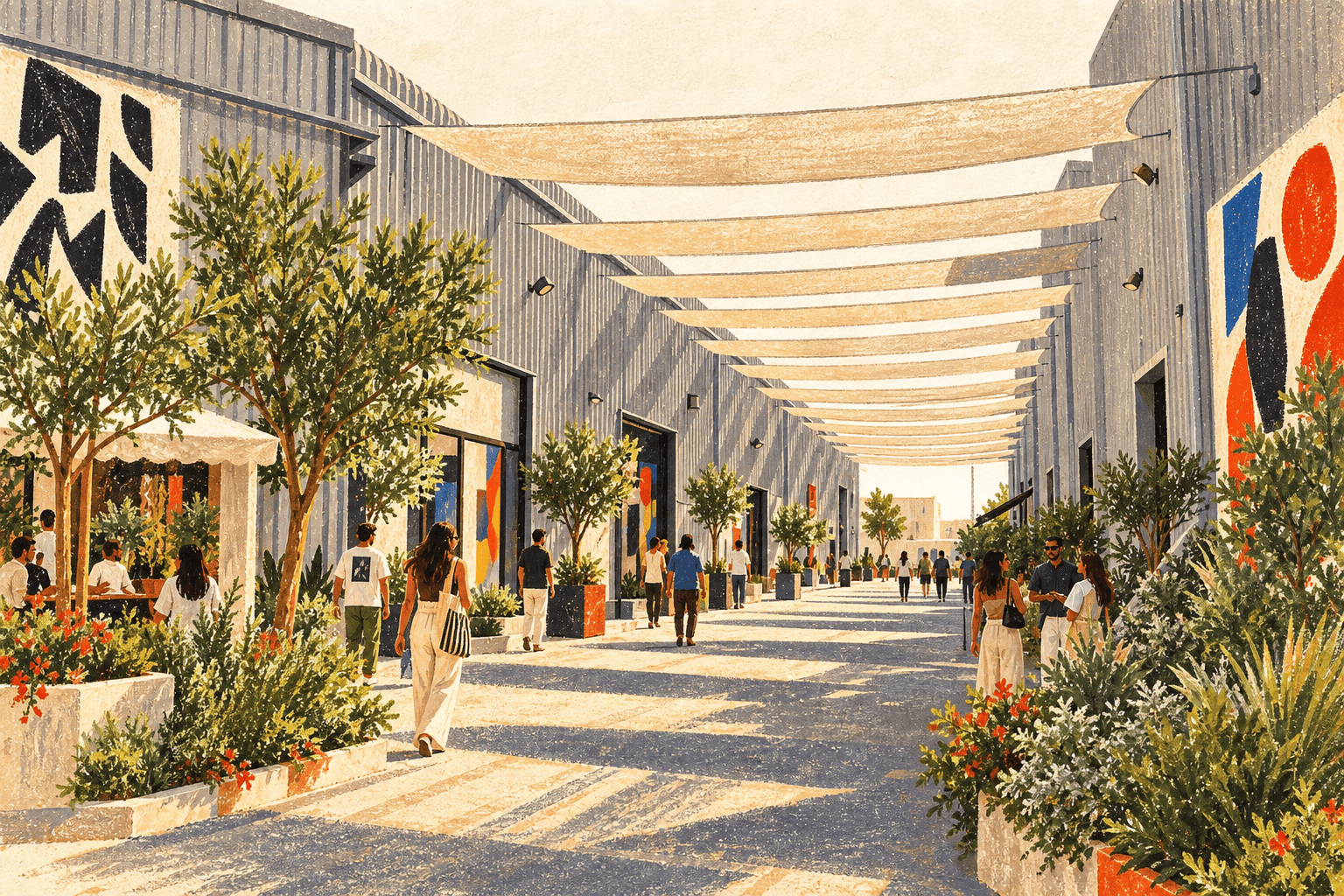 Illustration: Shaded walkway at Alserkal Avenue in Al Quoz