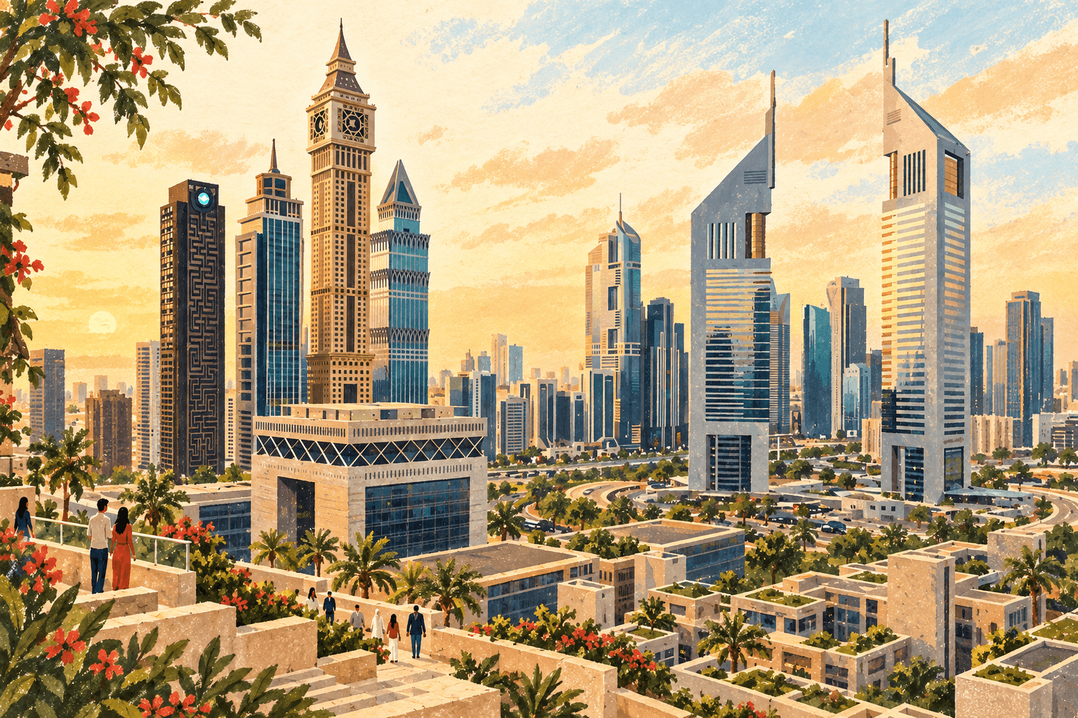 Illustration: Emirates Towers viewed from Sky Gardens beside DIFC