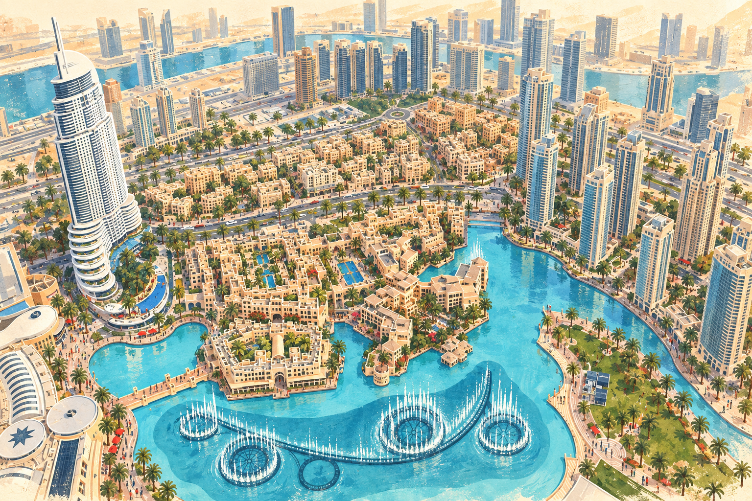 Illustration: Dubai Fountain and Downtown seen from Burj Khalifa