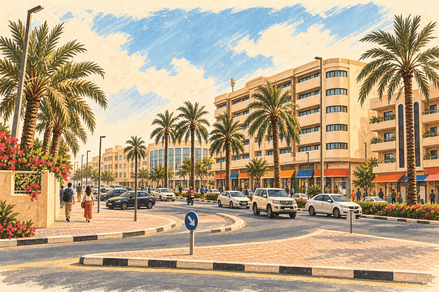 Illustration: Palm-lined street and shops in Al Karama