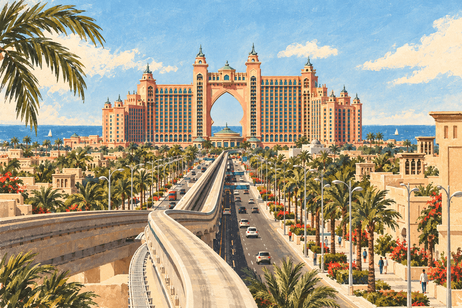 Illustration: Atlantis and the monorail on Palm Jumeirah