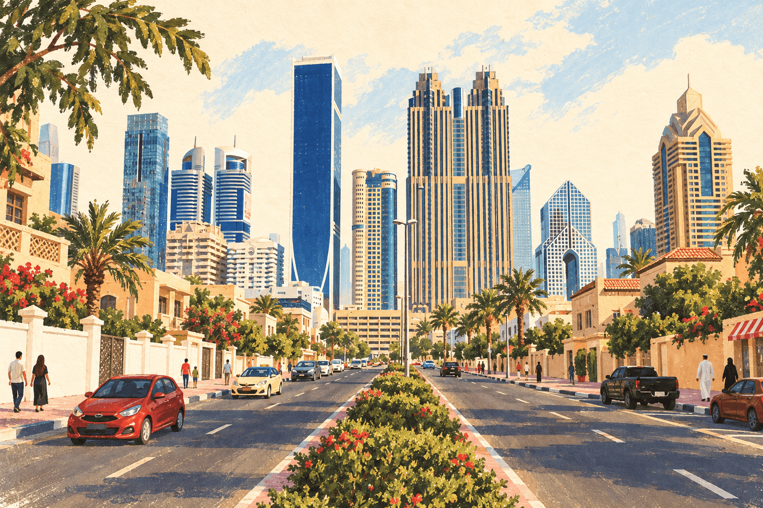 Illustration: Street in Al Satwa with the skyline beyond
