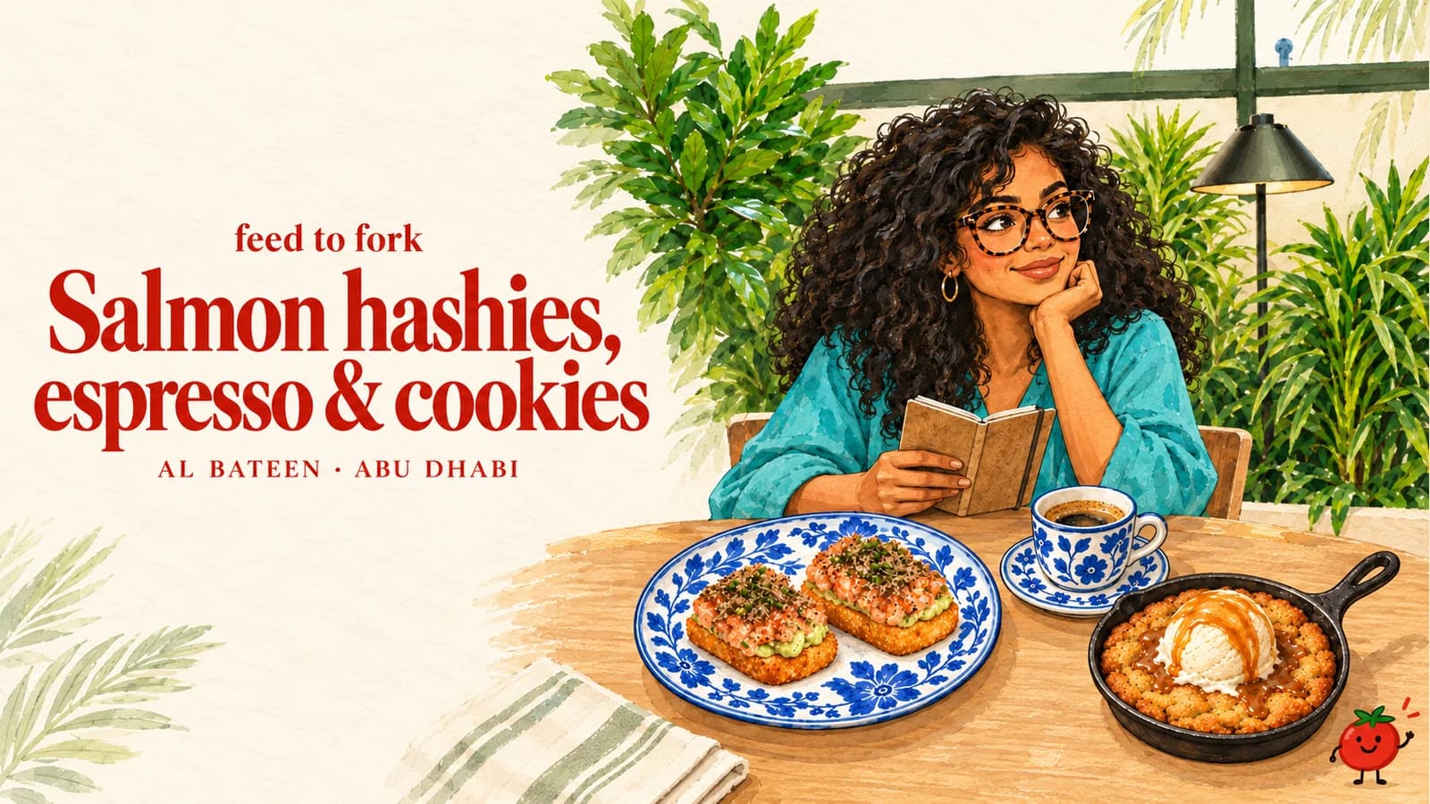 Editorial illustration · Salmon bites and a cookie skillet in Al Bateen