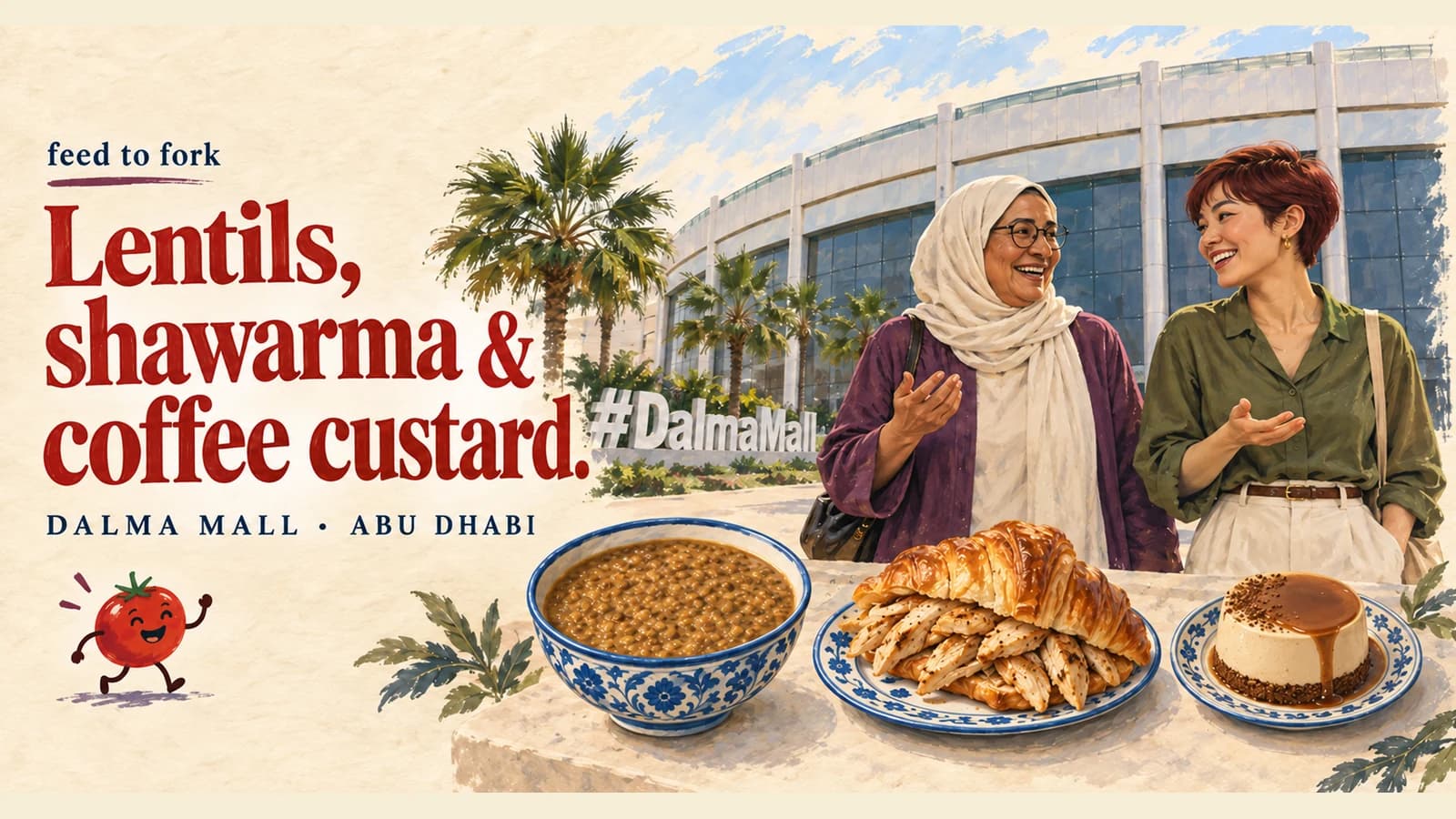 Editorial illustration · Dalma Mall: lentils, shawarma croissant and custard