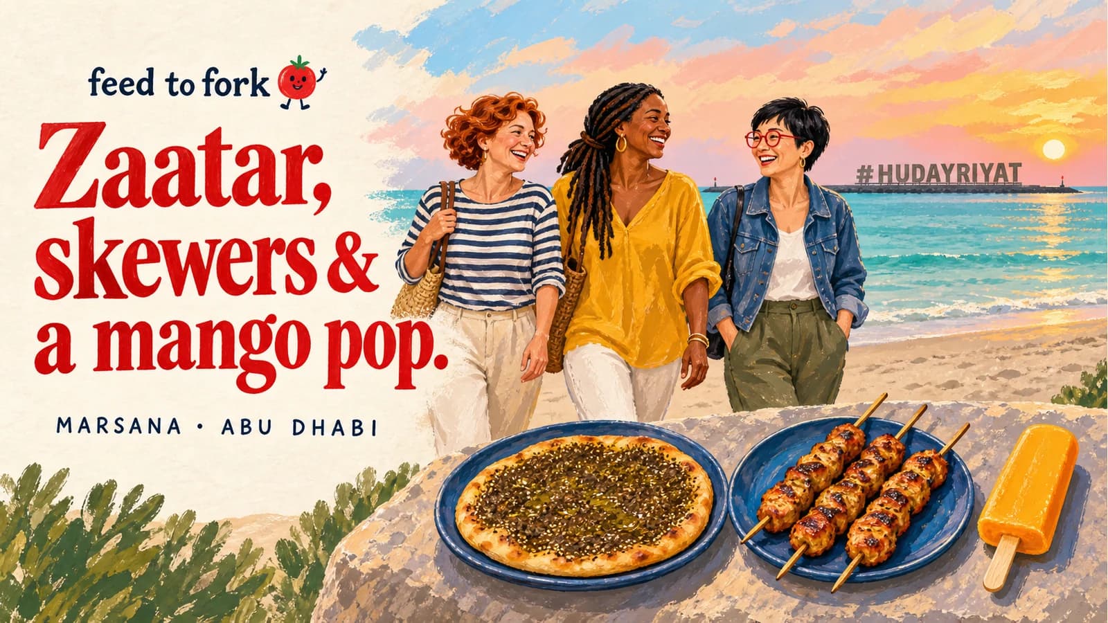 Editorial illustration · Chicken skewers and zaatar at Marsana food trucks