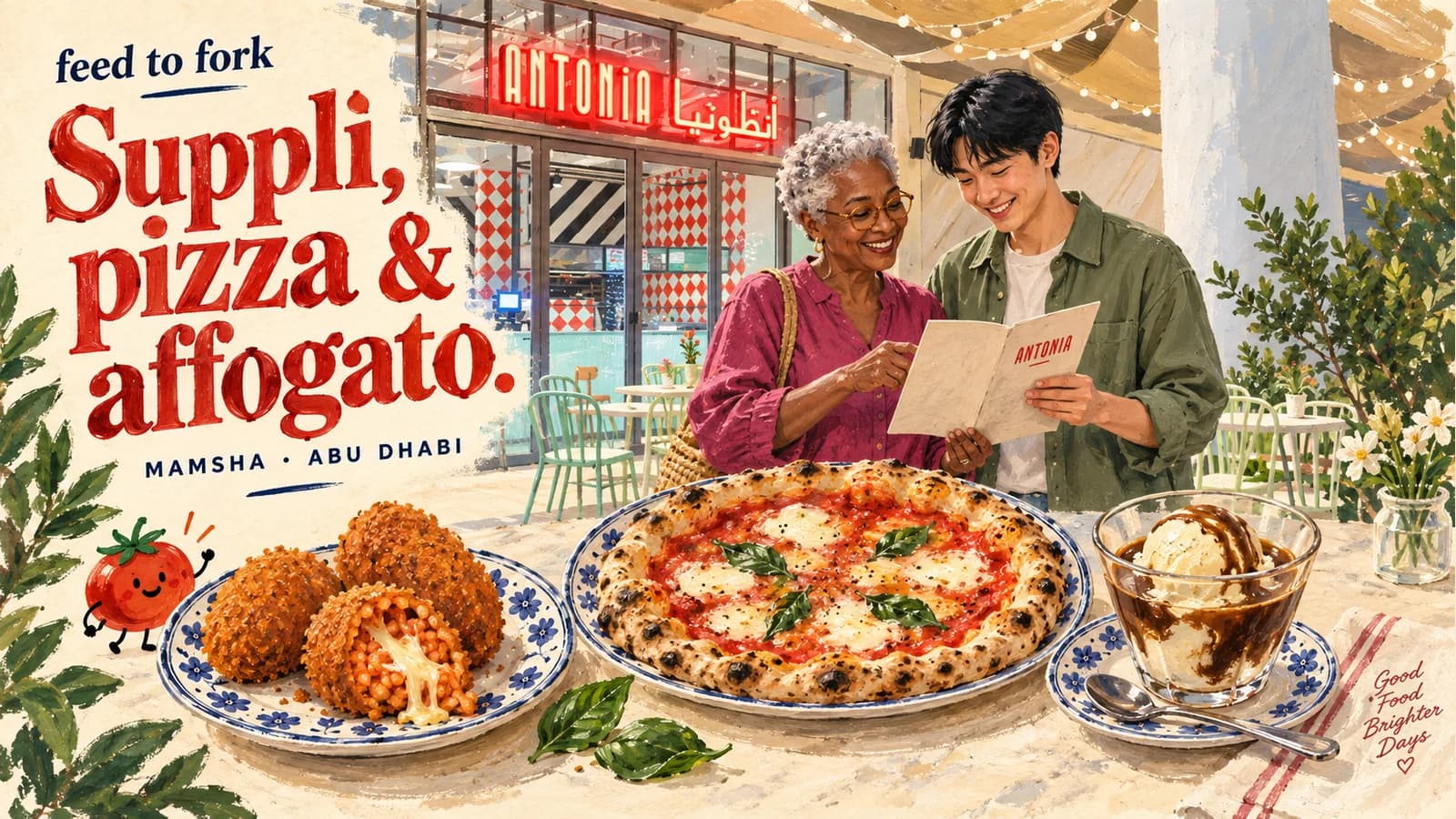 Editorial illustration · Mamsha: supplì, pizza and affogato