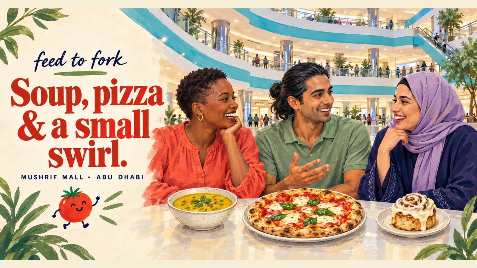 Editorial illustration · A pizza meal with a small sweet at Mushrif Mall