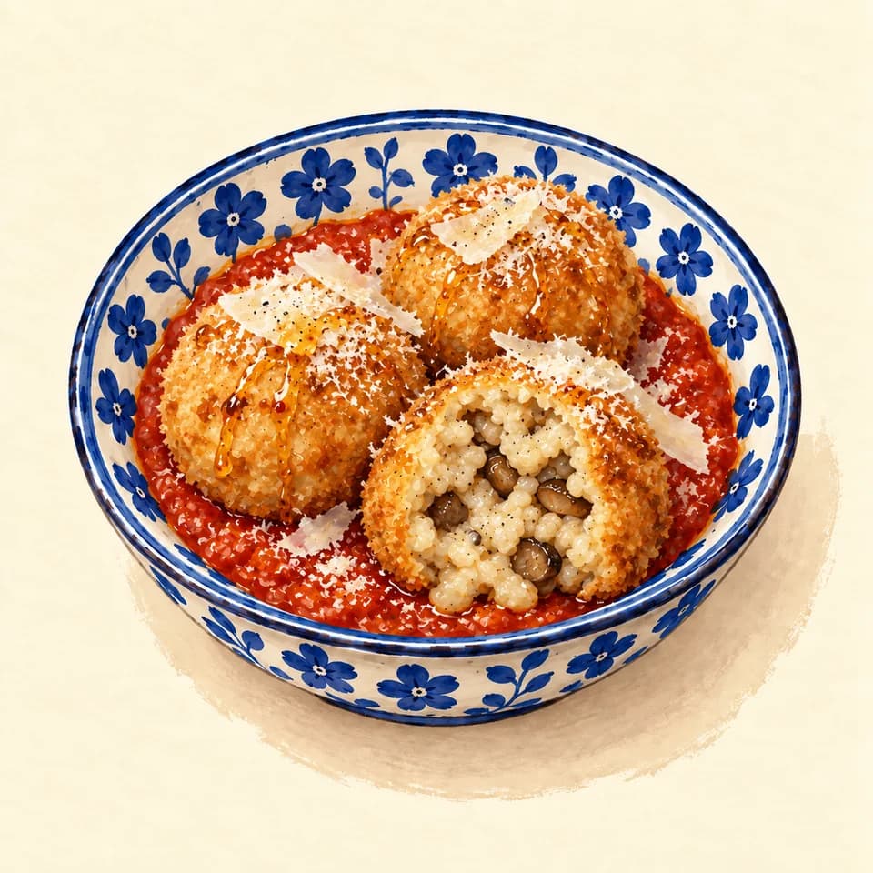 Editorial illustration of Porcini Arancini