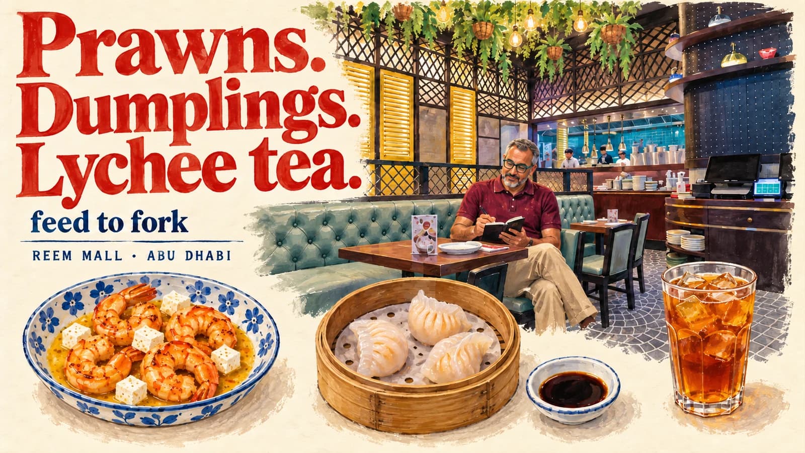 Editorial illustration · Two prawn dishes and lychee tea at Reem Mall