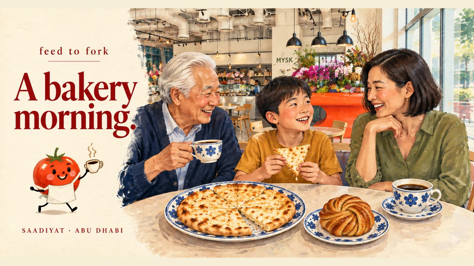 Editorial illustration · Saadiyat breakfast by NYU: manakeesh and a bun