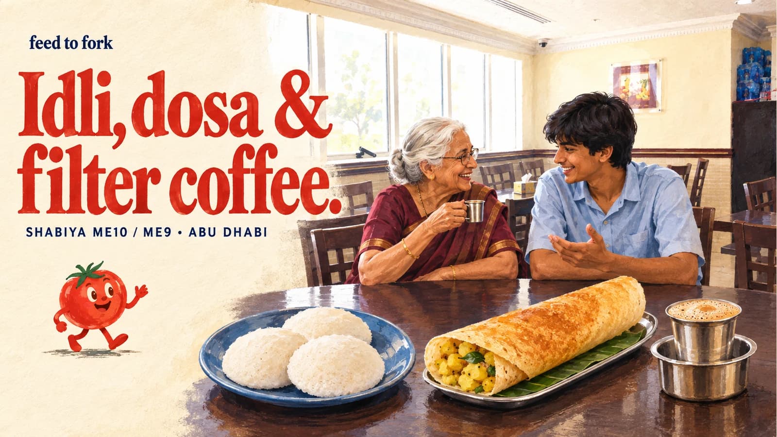 Editorial illustration · Shabiya breakfast: idli, dosa and filter coffee