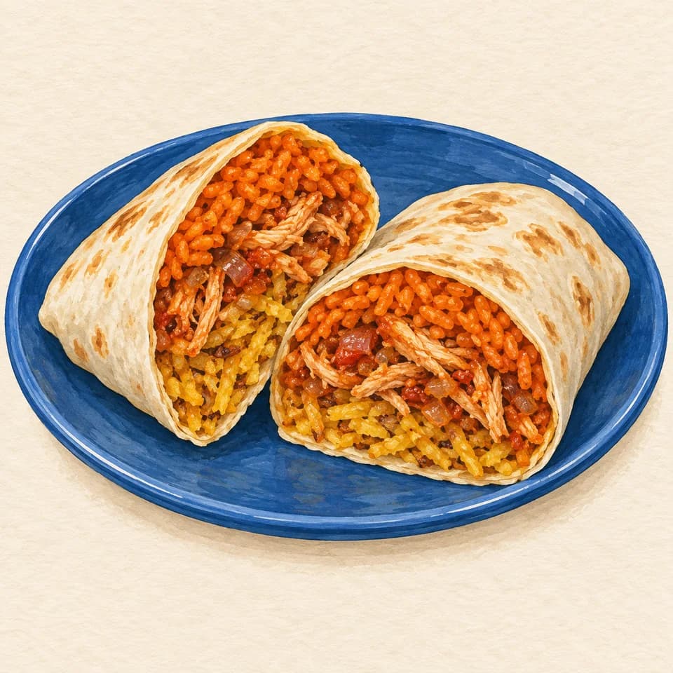 Editorial illustration of West African Chicken and Jollof Rice Wrap
