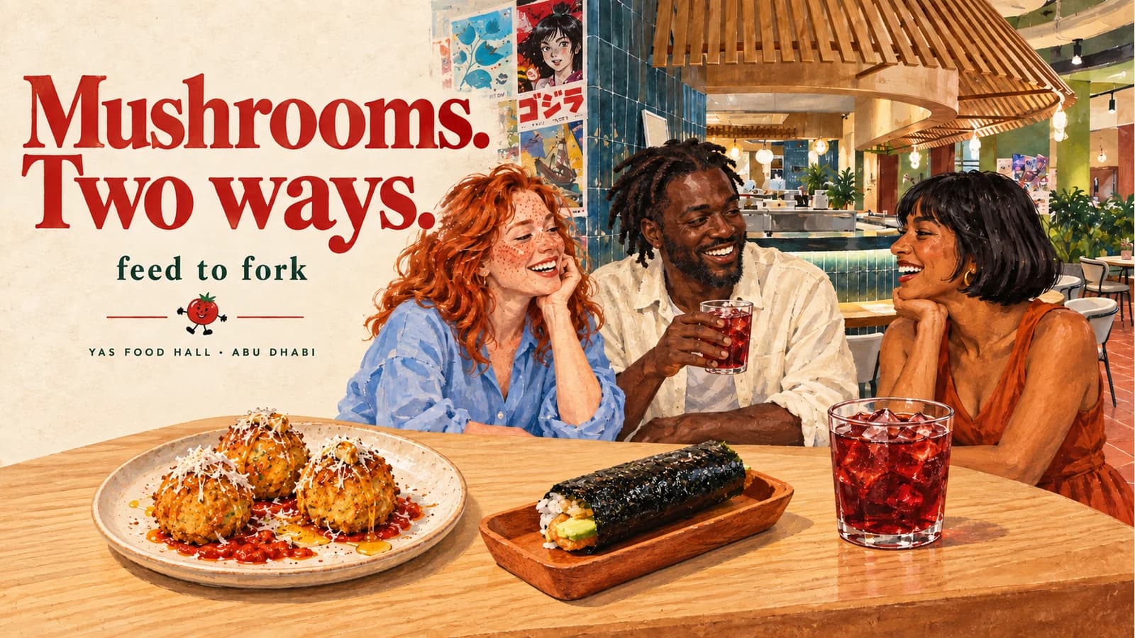 Editorial illustration · Yas Food Hall: two mushroom bites and hibiscus tea