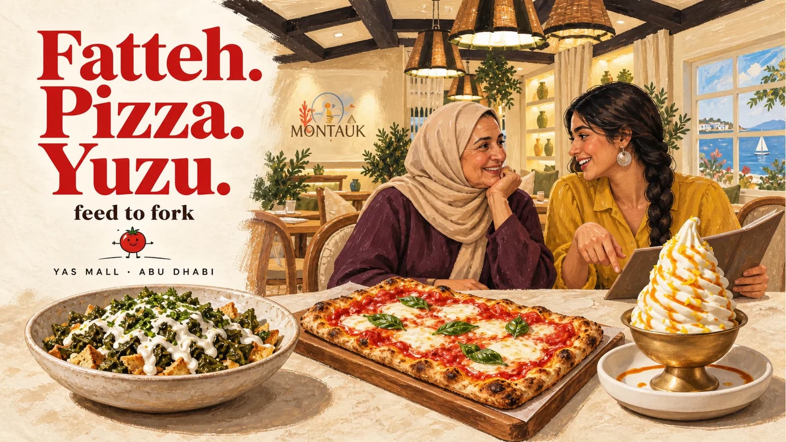 Editorial illustration · A fatteh-and-pizza meal at Yas Mall