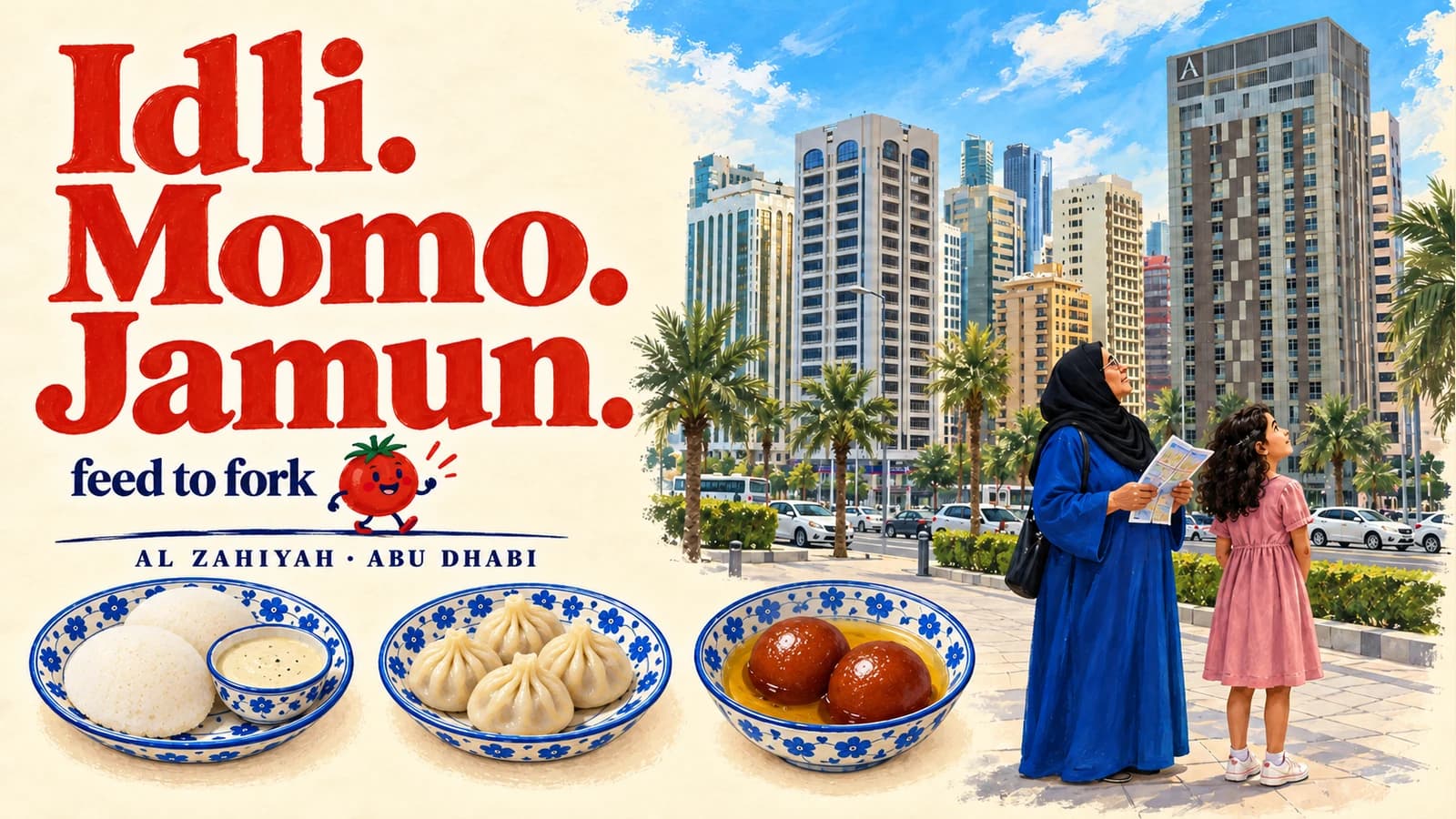 Editorial illustration · Steamed snacks and syrup sweets in Al Zahiyah