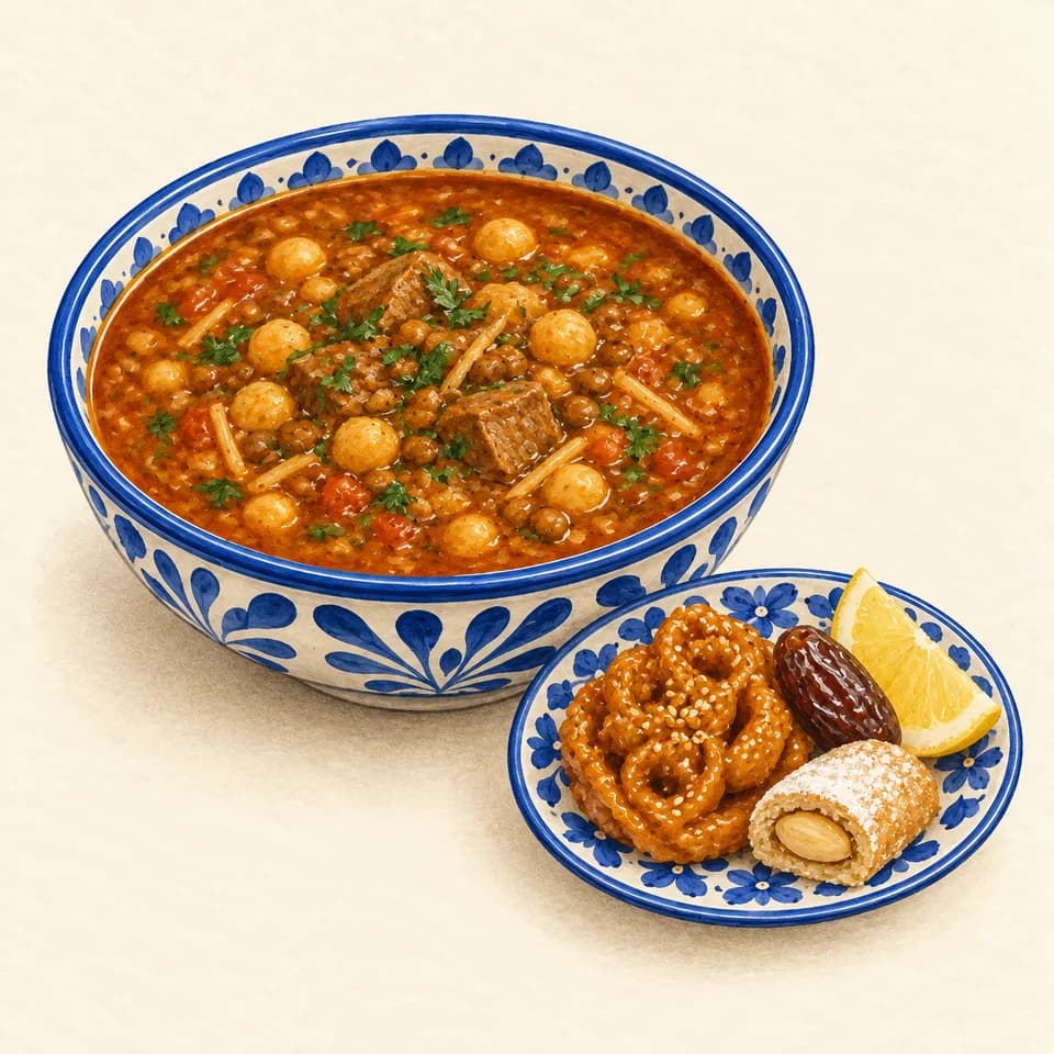رسم توضيحي لطبق حساء الحريرة