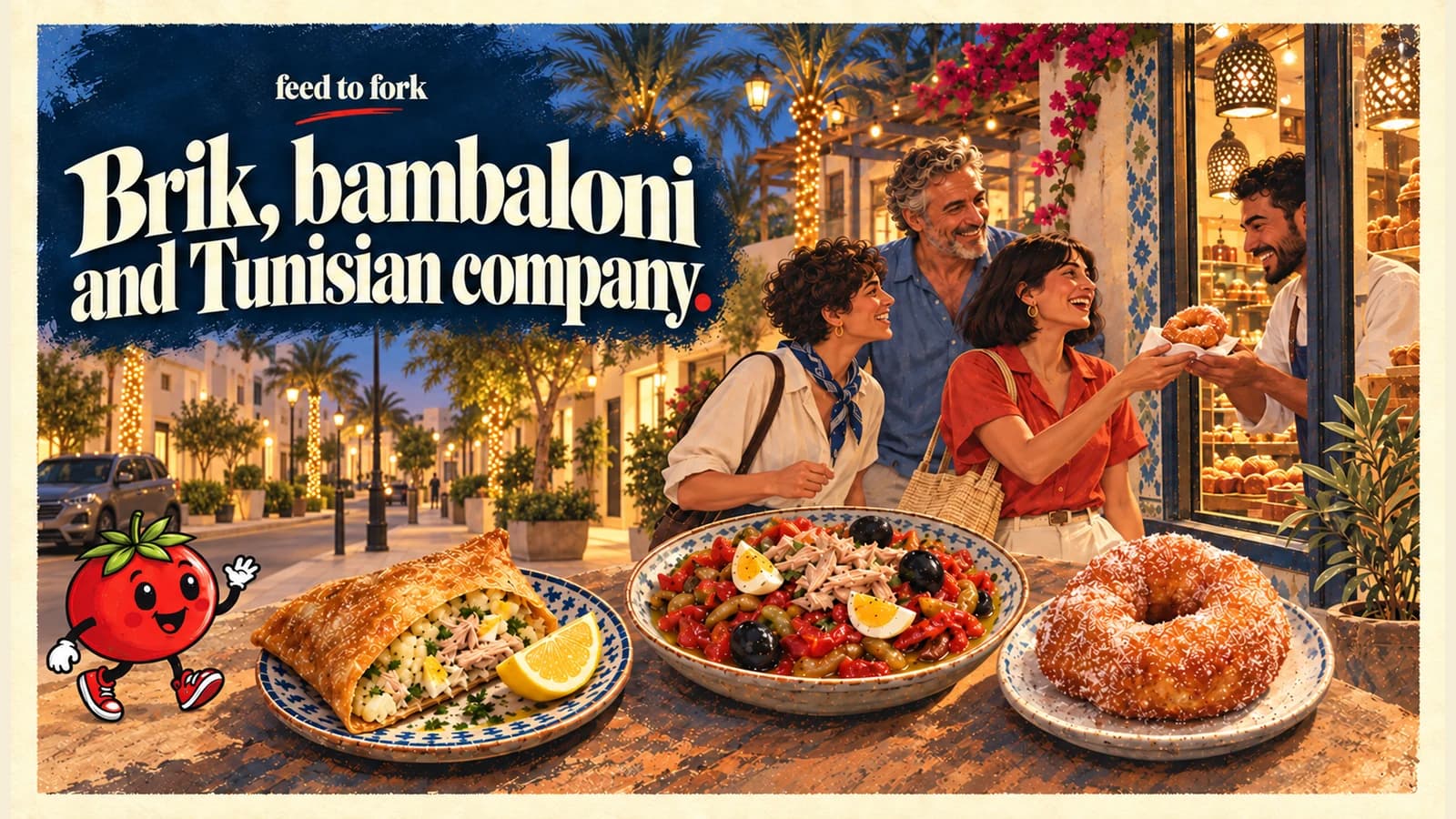 Editorial illustration · Tunisian evening: grilled salad, brik and bambaloni