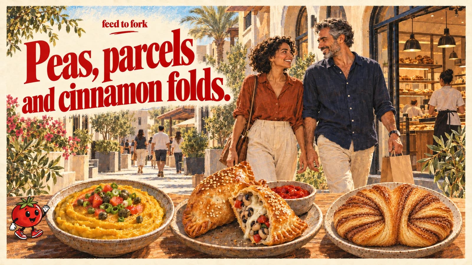 Editorial illustration · City Walk: split-pea dip, empanadas and cinnamon Danish