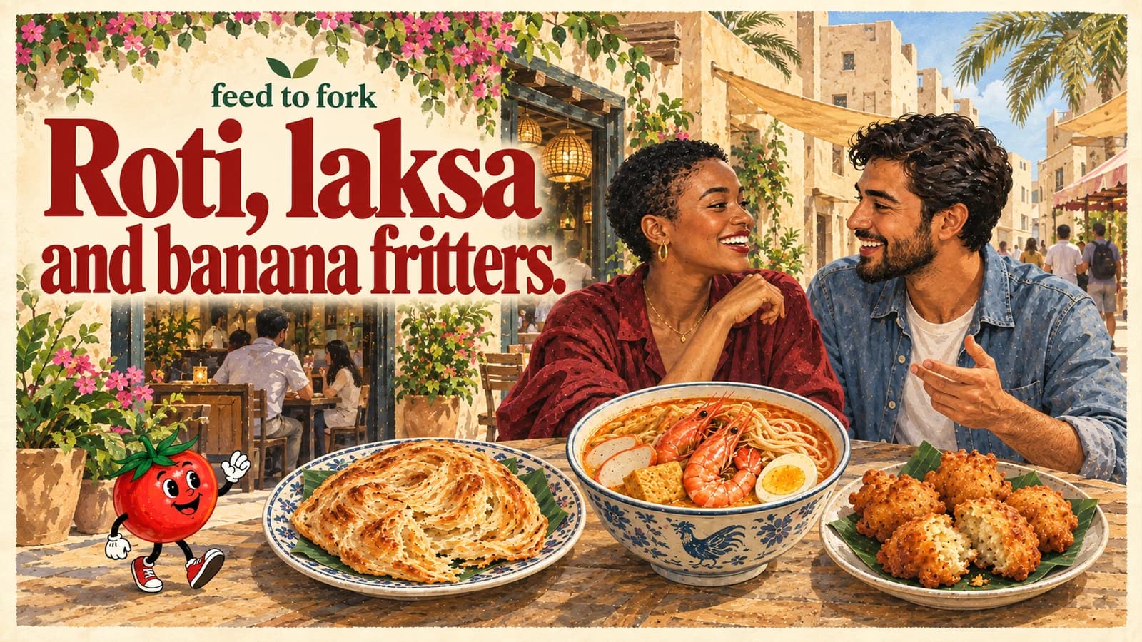 Editorial illustration · Roti, seafood laksa and Malay banana fritters