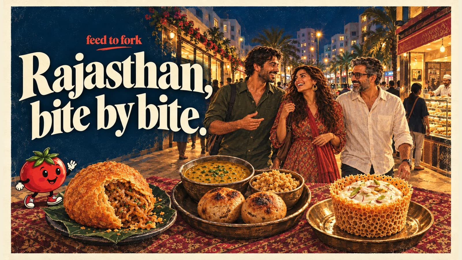 Editorial illustration · Rajasthan: kachori, baati and small ghewar