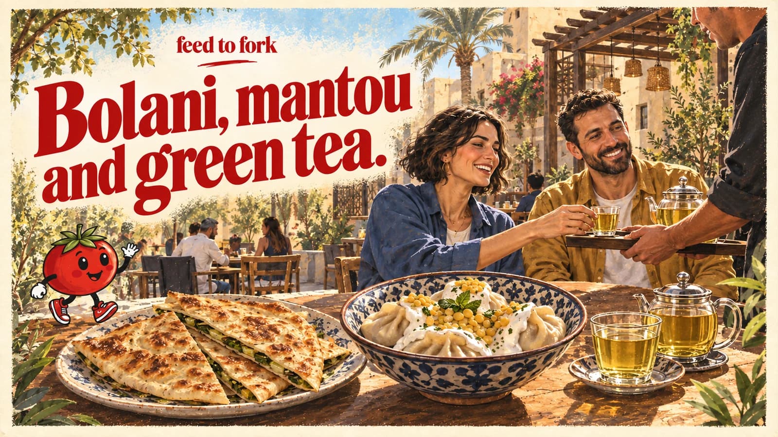 Editorial illustration · Afghan Dubai: leek bolani, beef mantou and green tea