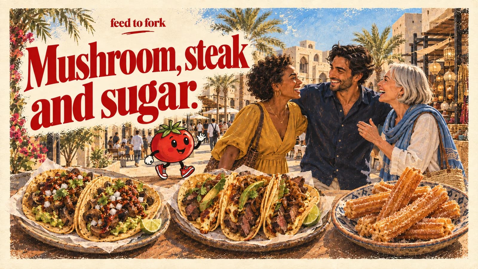 Editorial illustration · Dubai taco stops: mushroom, steak and churros