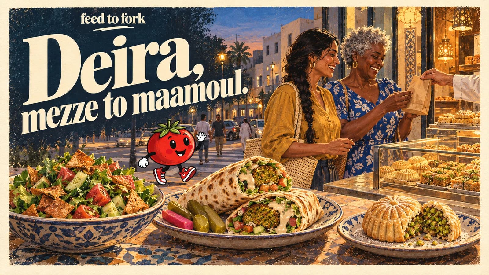 Editorial illustration · Deira mezze and a maamoul finish
