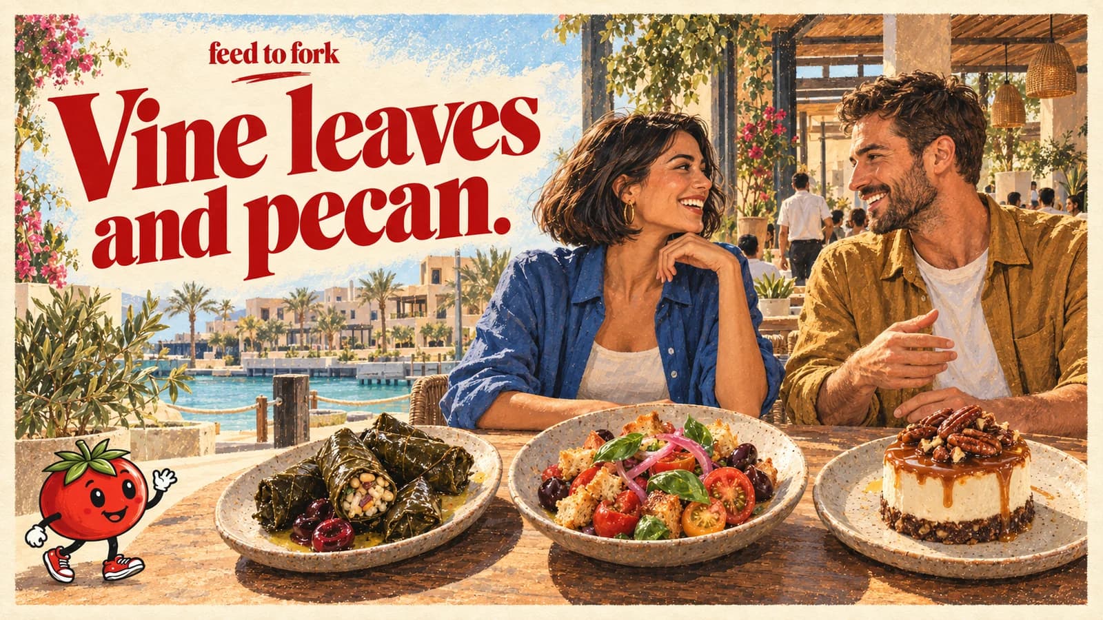 Editorial illustration · Mina Seyahi: cherry vine leaves, panzanella and pecan