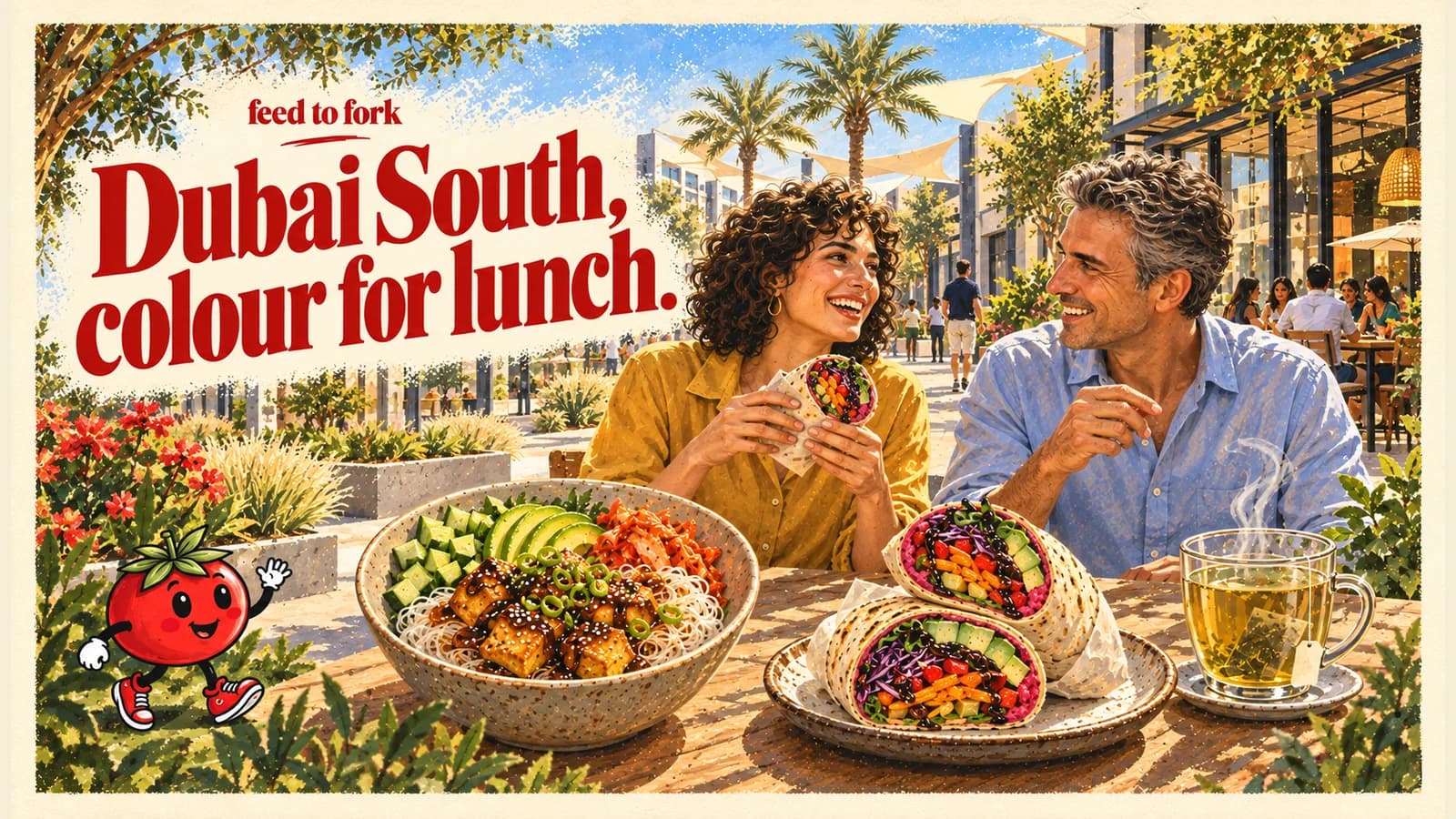 Editorial illustration · Dubai South: tofu, a rainbow wrap and mint tea