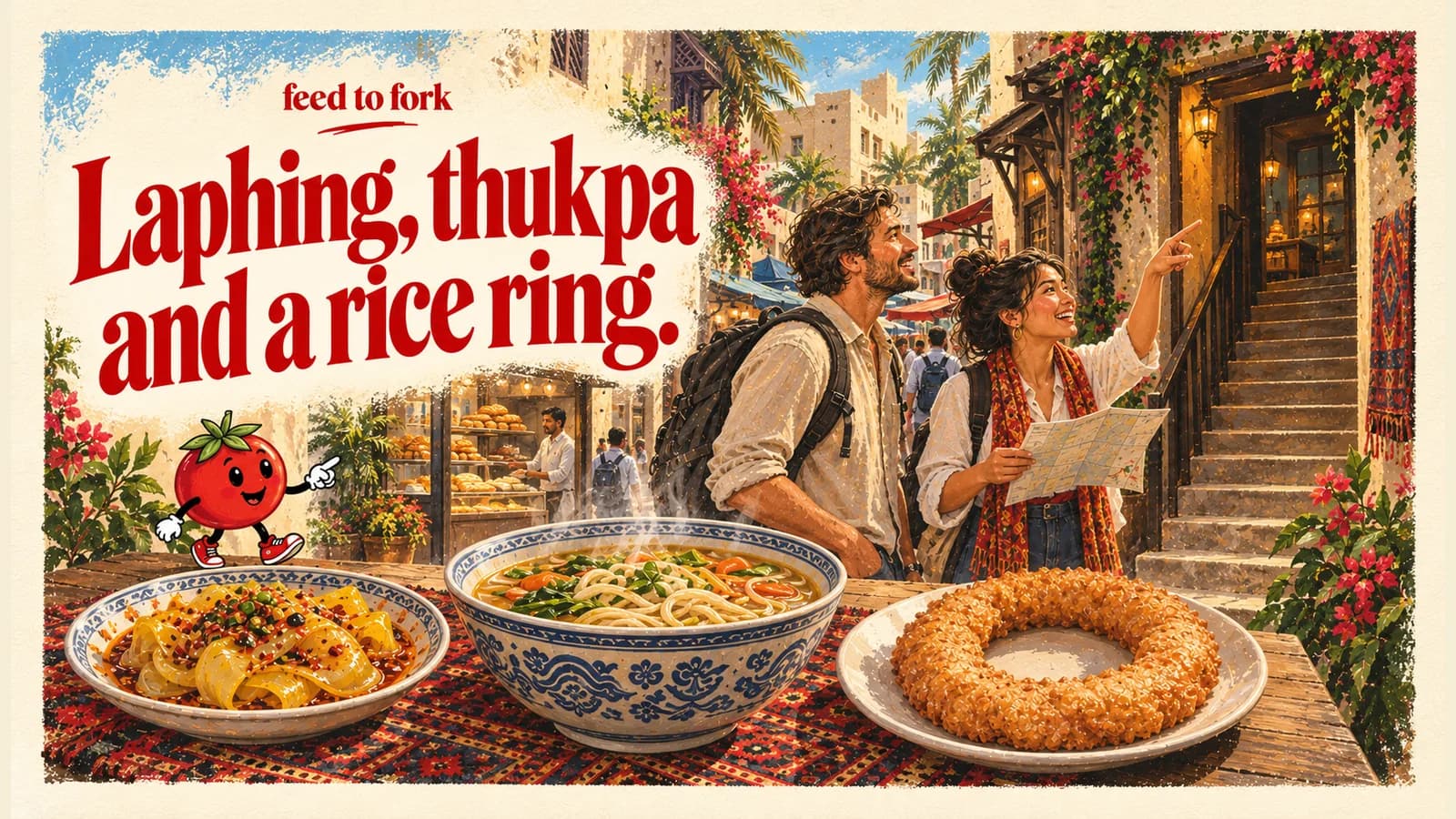 Editorial illustration · Laphing, thukpa and a sweet rice ring