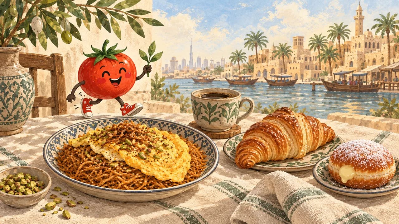 رسم توضيحي · ثلاثة صباحات في دبي: بلاليط وكرواسون ودونات