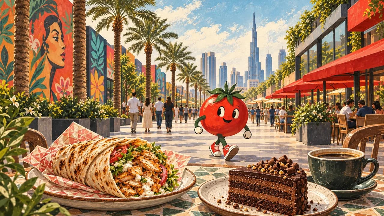 Editorial illustration · City Walk: shawarma, coffee and chocolate cheesecake