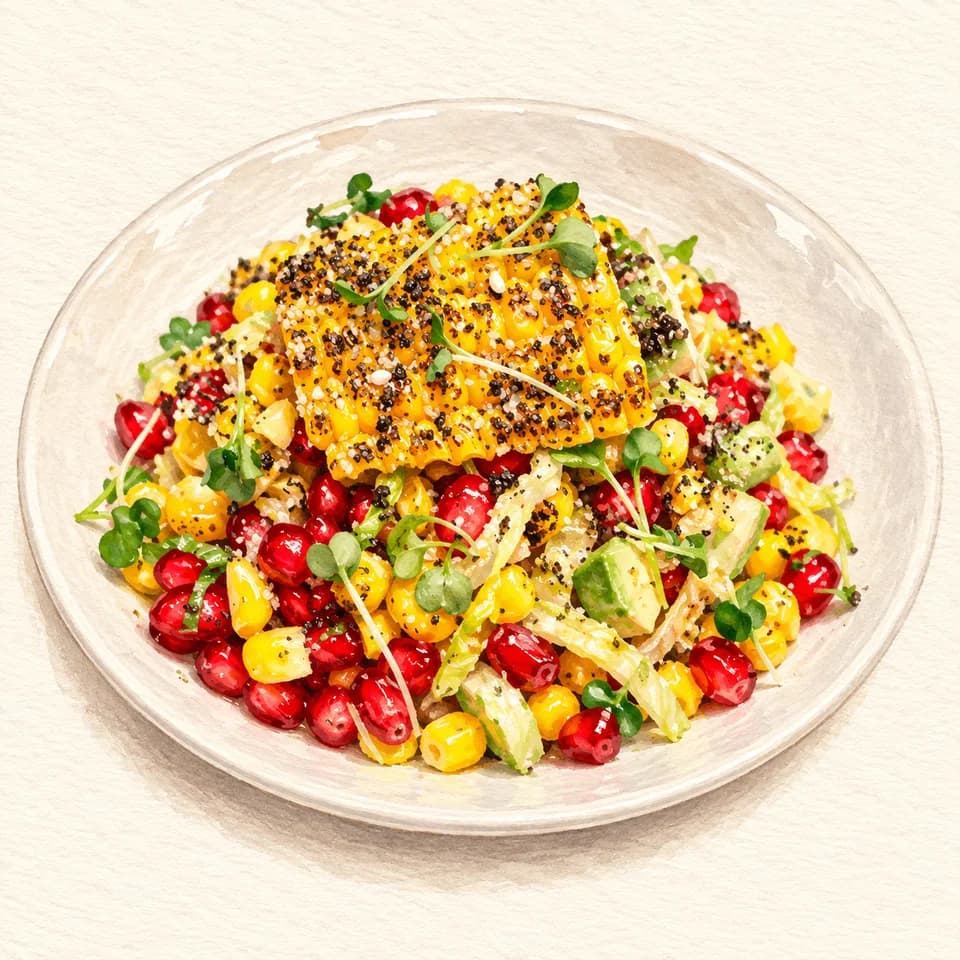 Editorial illustration of Corn & Pom Salad at Ba:TE