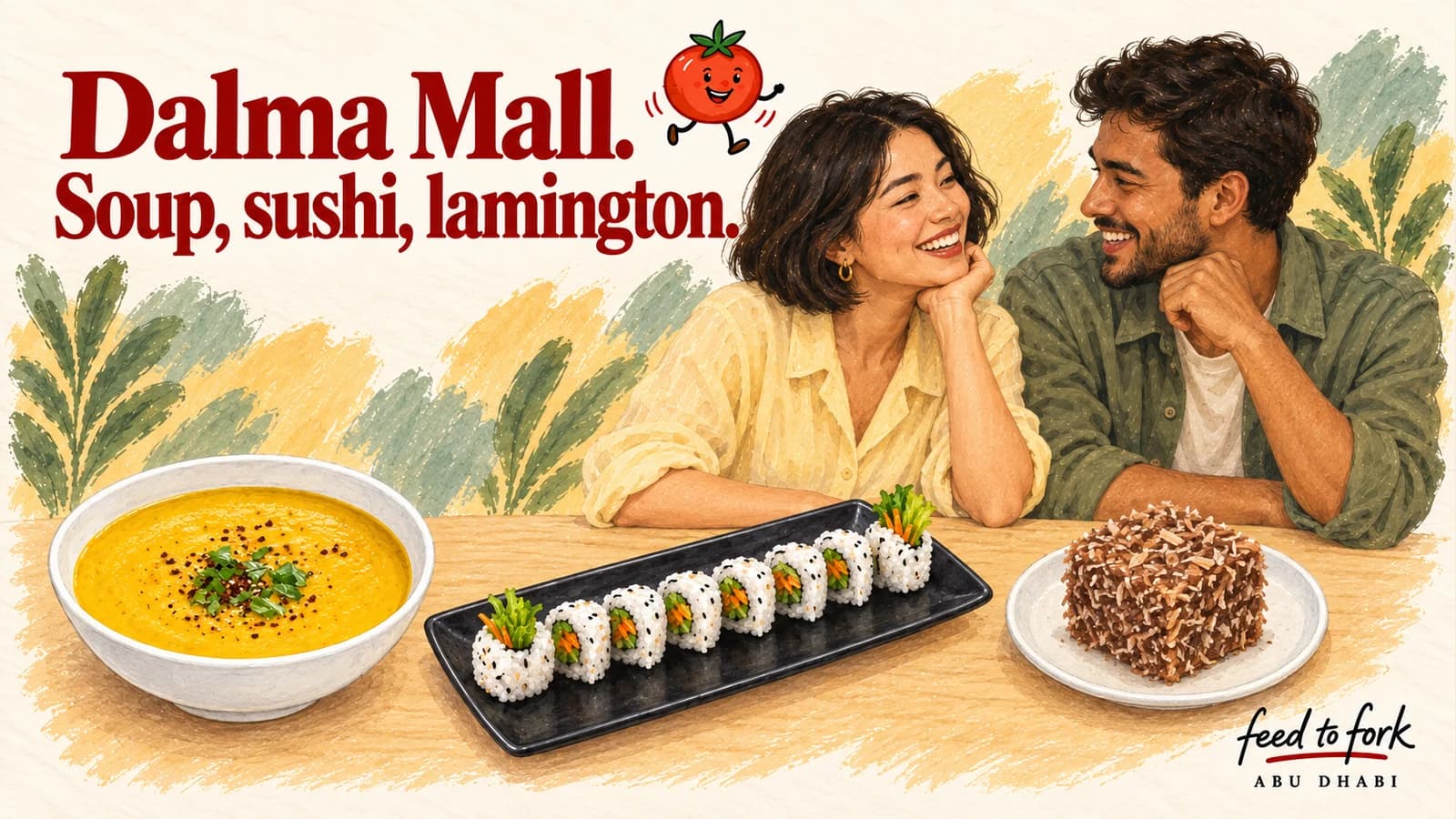 Editorial illustration · Dalma: lentil soup, veggie maki and caramel cake