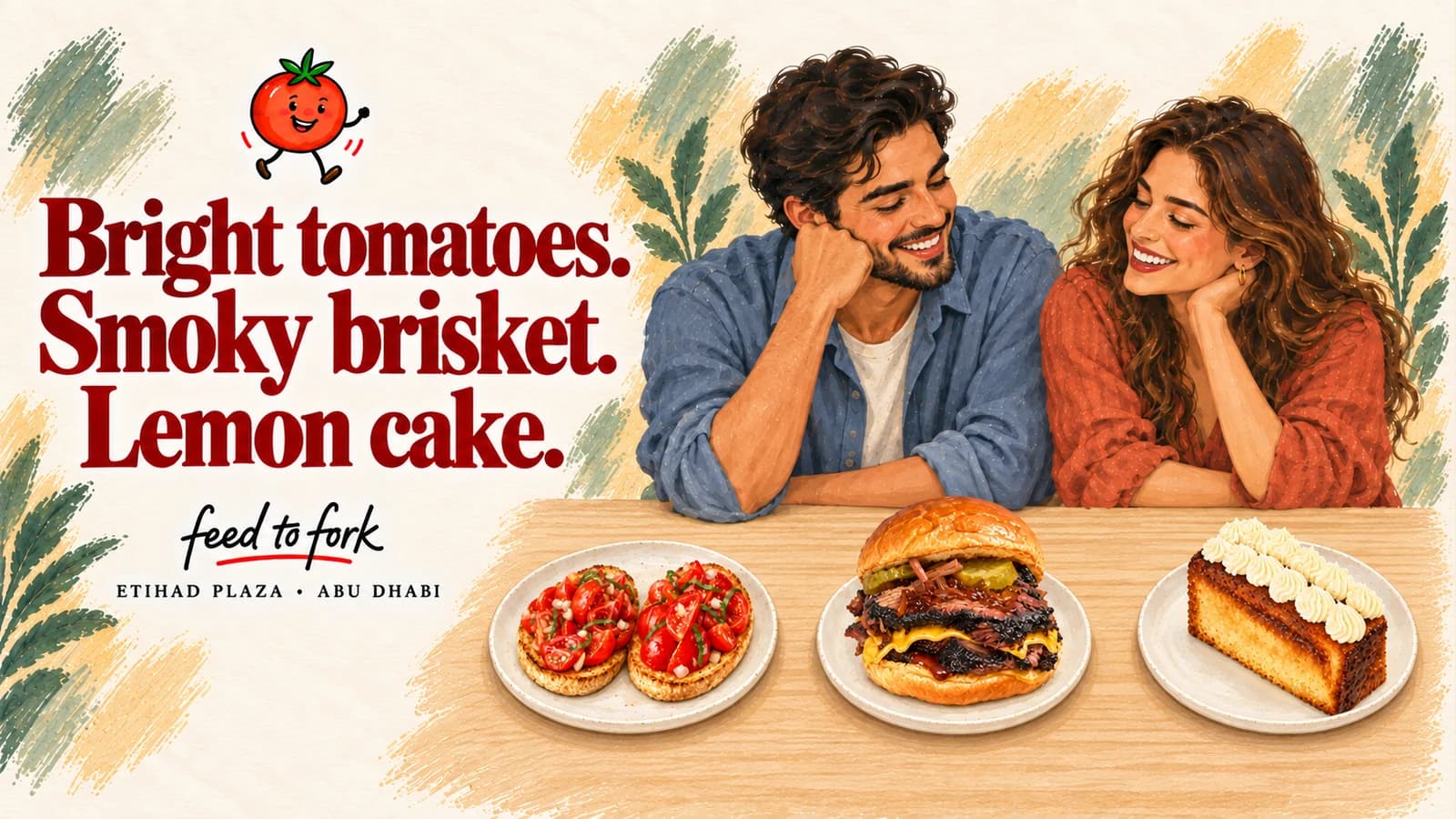 Editorial illustration · Etihad Plaza: tomatoes, smoked brisket and lemon cake