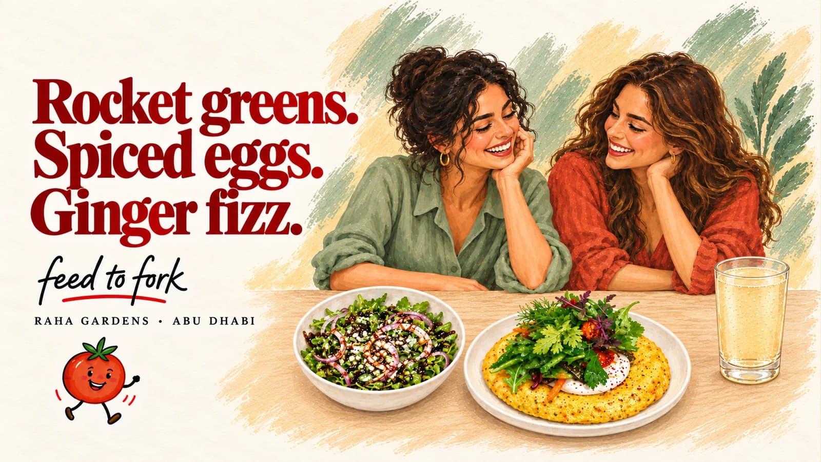 Editorial illustration · Raha Gardens: rocket, spiced eggs and ginger fizz