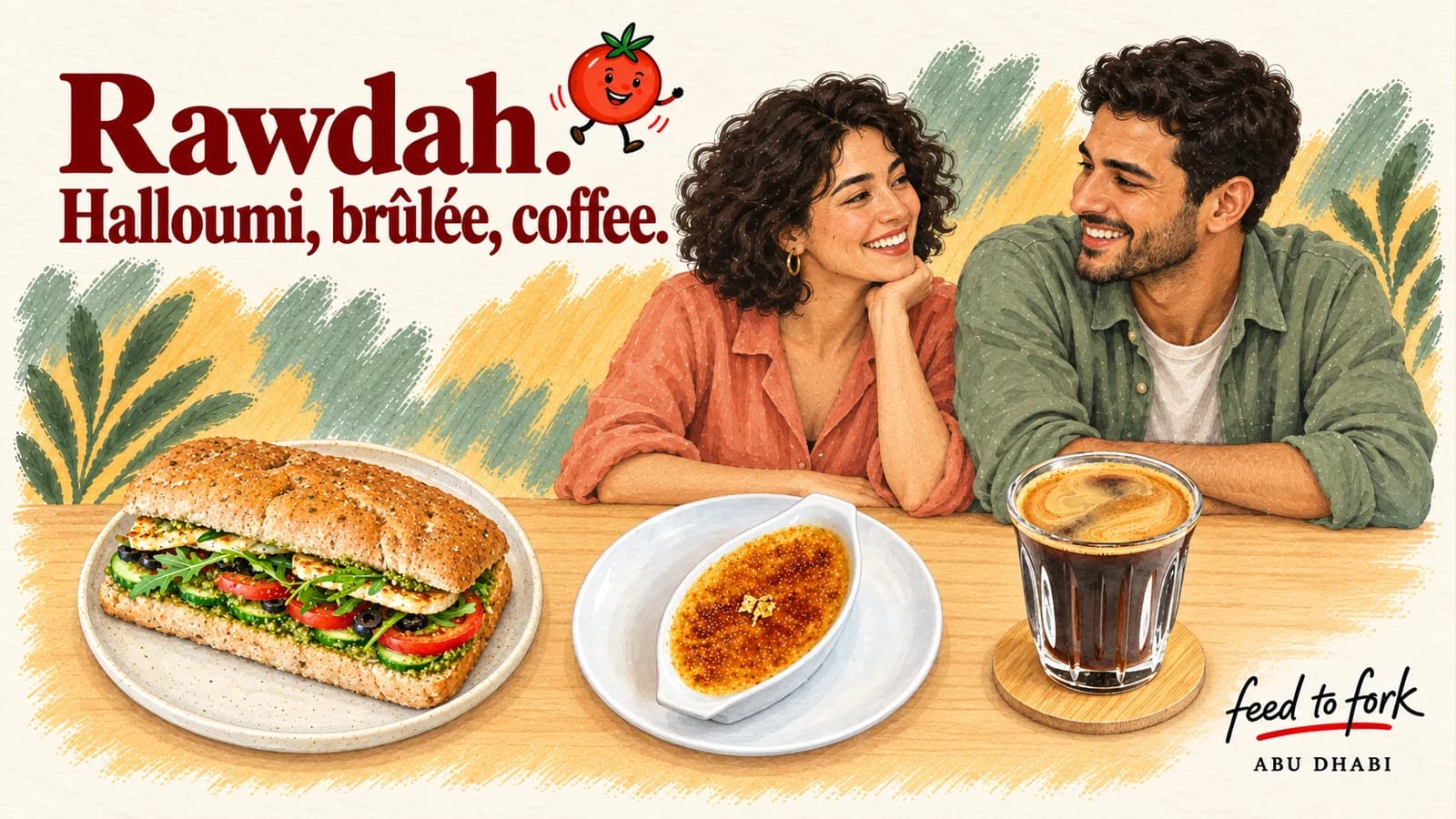 رسم توضيحي · الروضة: حلومي وكريم بروليه وقهوة سوداء