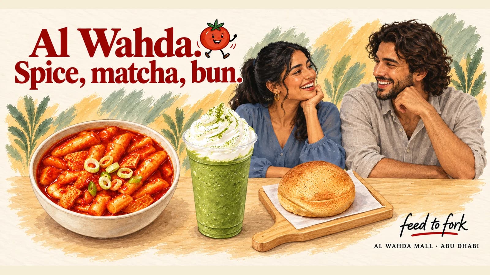 Editorial illustration · Al Wahda: spicy rice cakes, matcha and a coffee bun