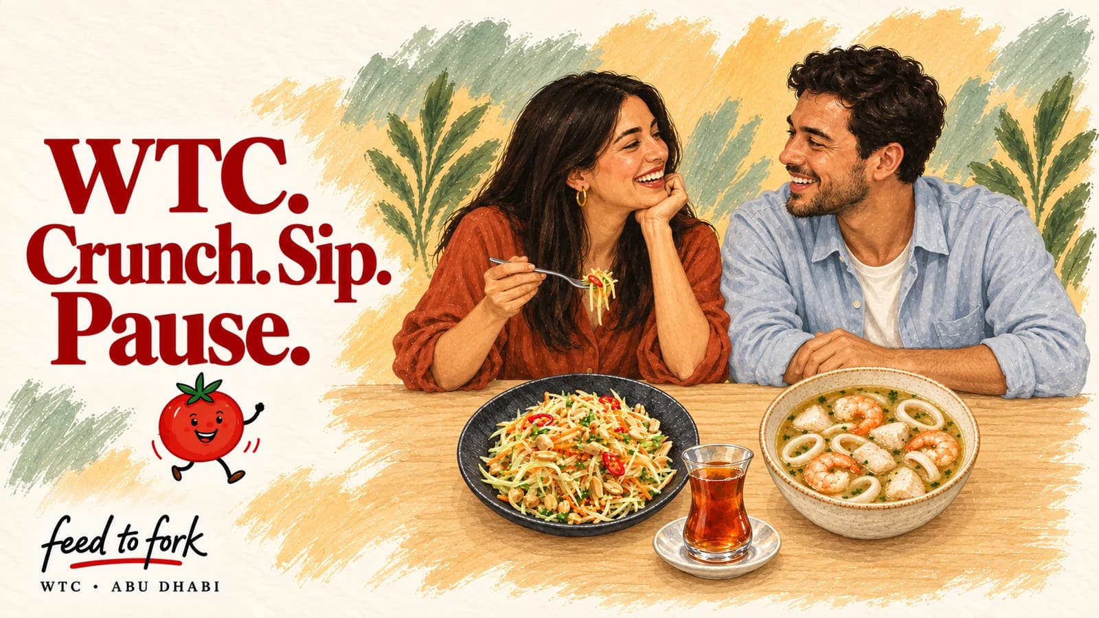Editorial illustration · WTC: papaya salad, seafood soup and Turkish tea