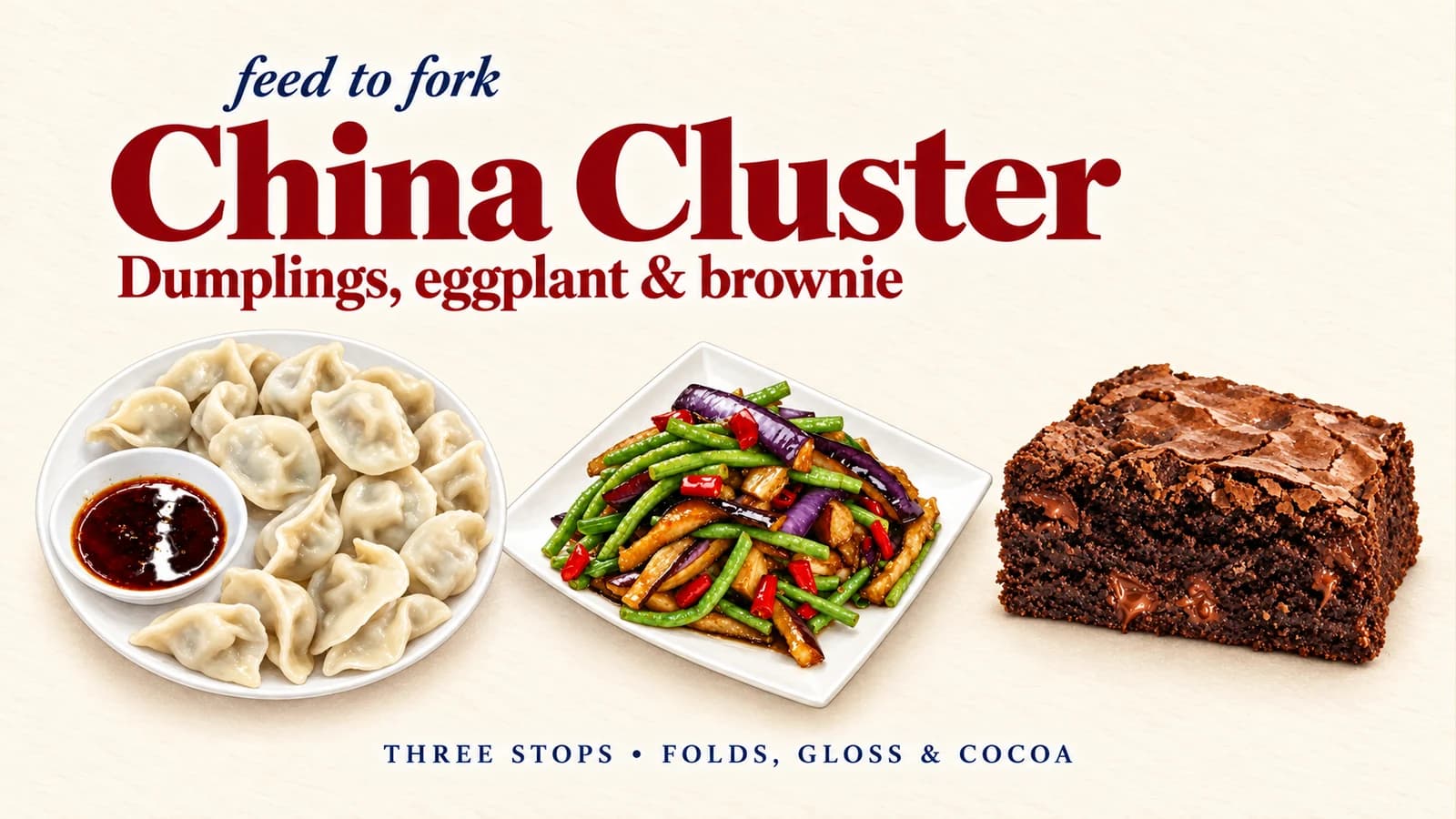 Editorial illustration · China Cluster: beef dumplings, eggplant and a brownie